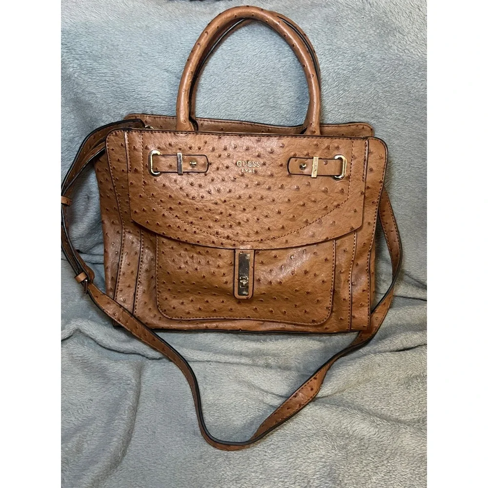 Guess 1981 faux Ostrich Embossed Satchel Crossbody Purse Brown Handle Handbag